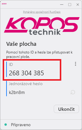 Okno programu RustDesk s vygenerovaným ID a jednorázovým heslem pro připojení