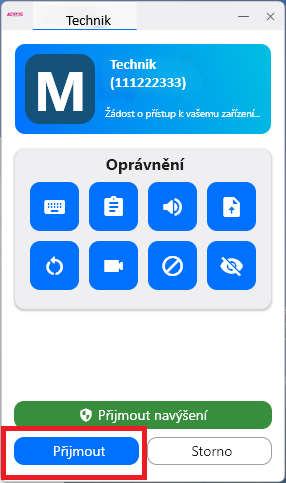 Okno programu RustDesk s potvrzením připojení technika k počítači